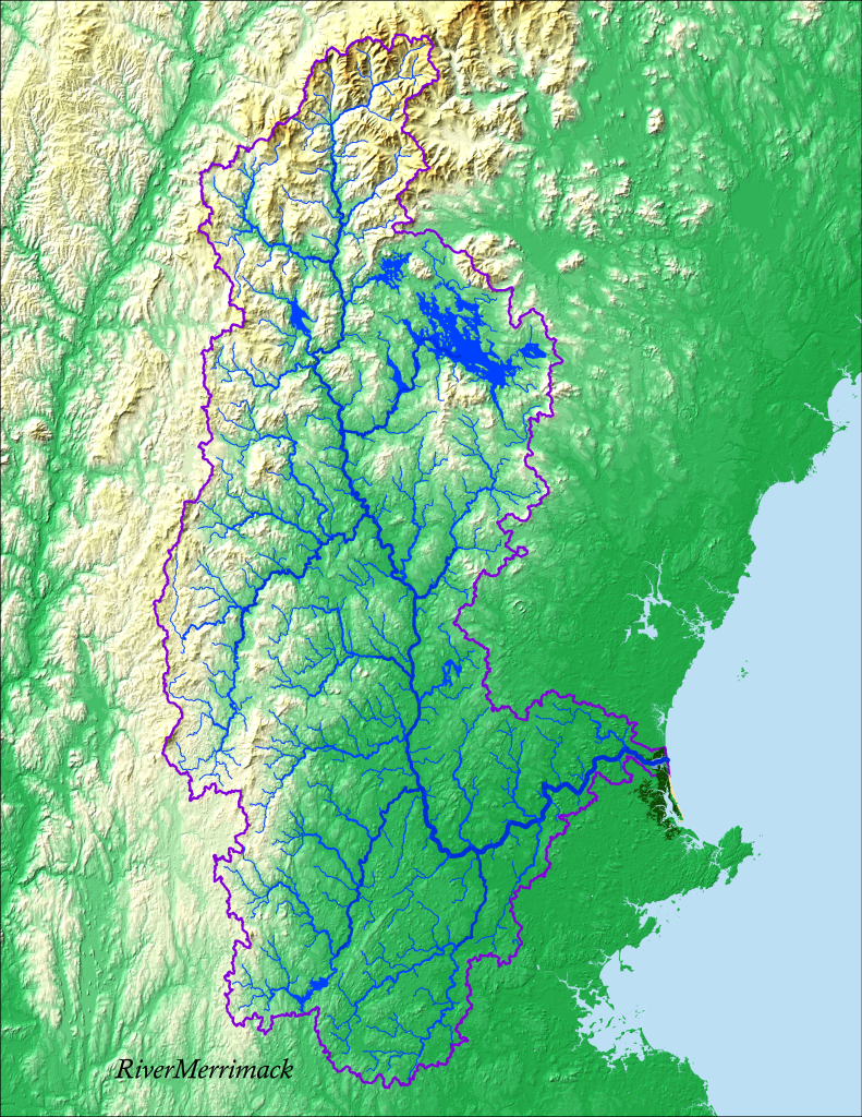 The geographic extent of the rivers and topography of the Merrimack Watershed, from the Pemigewasset Wilderness of the White Mountains of New Hampshire to the Merrimack's estuary with the Atlantic Ocean at Plum Island.